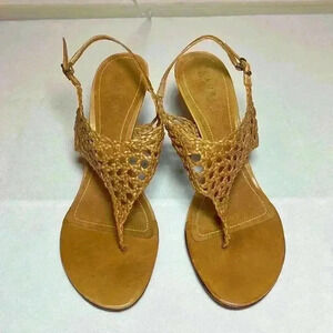 Lauren Ralph Lauren Nadia Brown Tan Leather Woven Sandal Strap Heel Womens Sz 9B